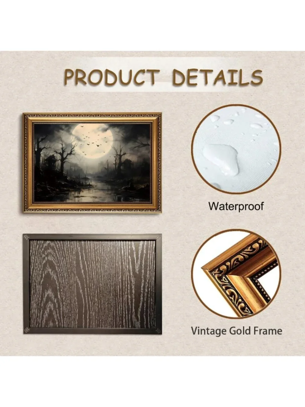 Moody Vintage Gold Framed Halloween Canvas Wall Art Print Decor